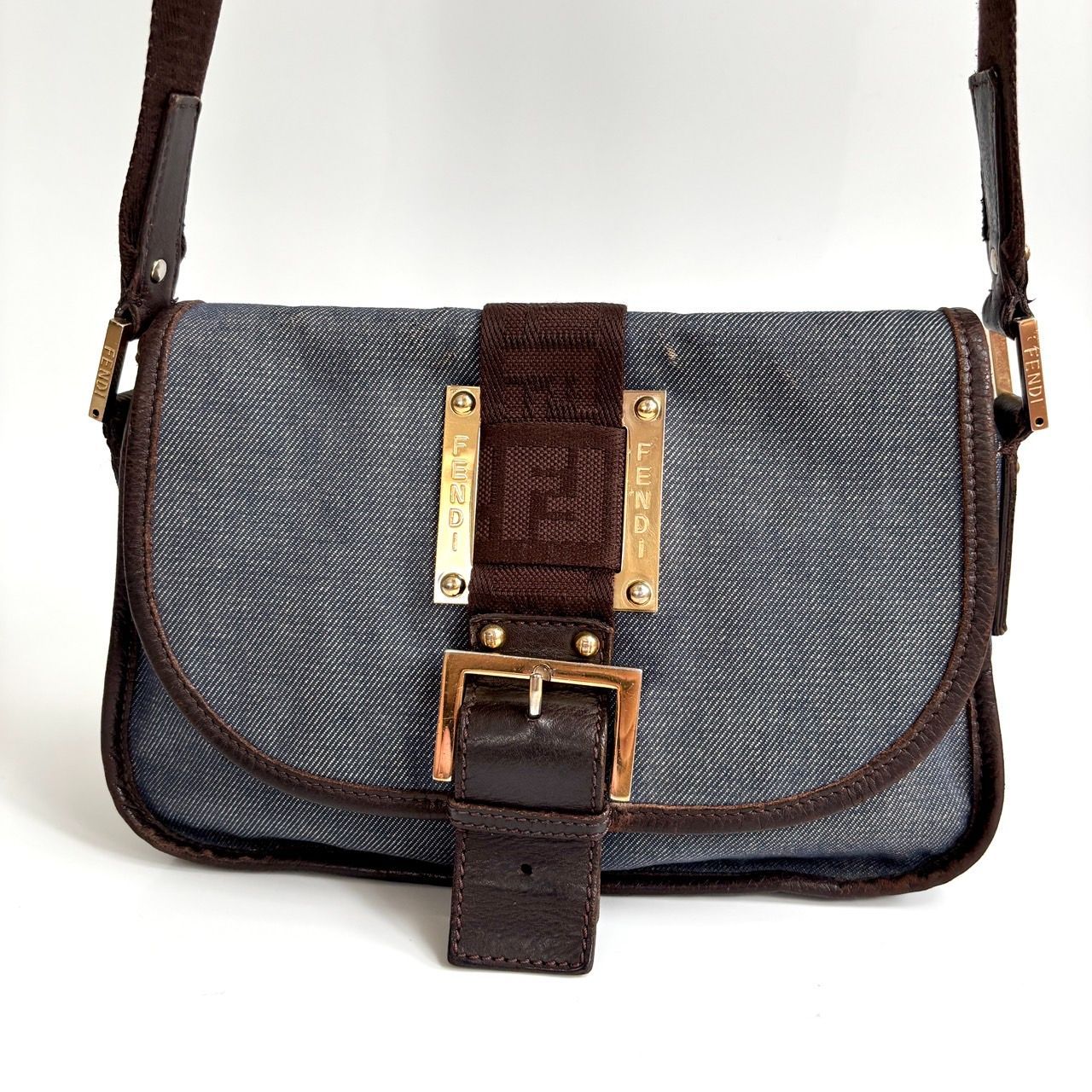 FENDI フェンディ デニム ショルダーバッグ ロゴ ストラップ FF