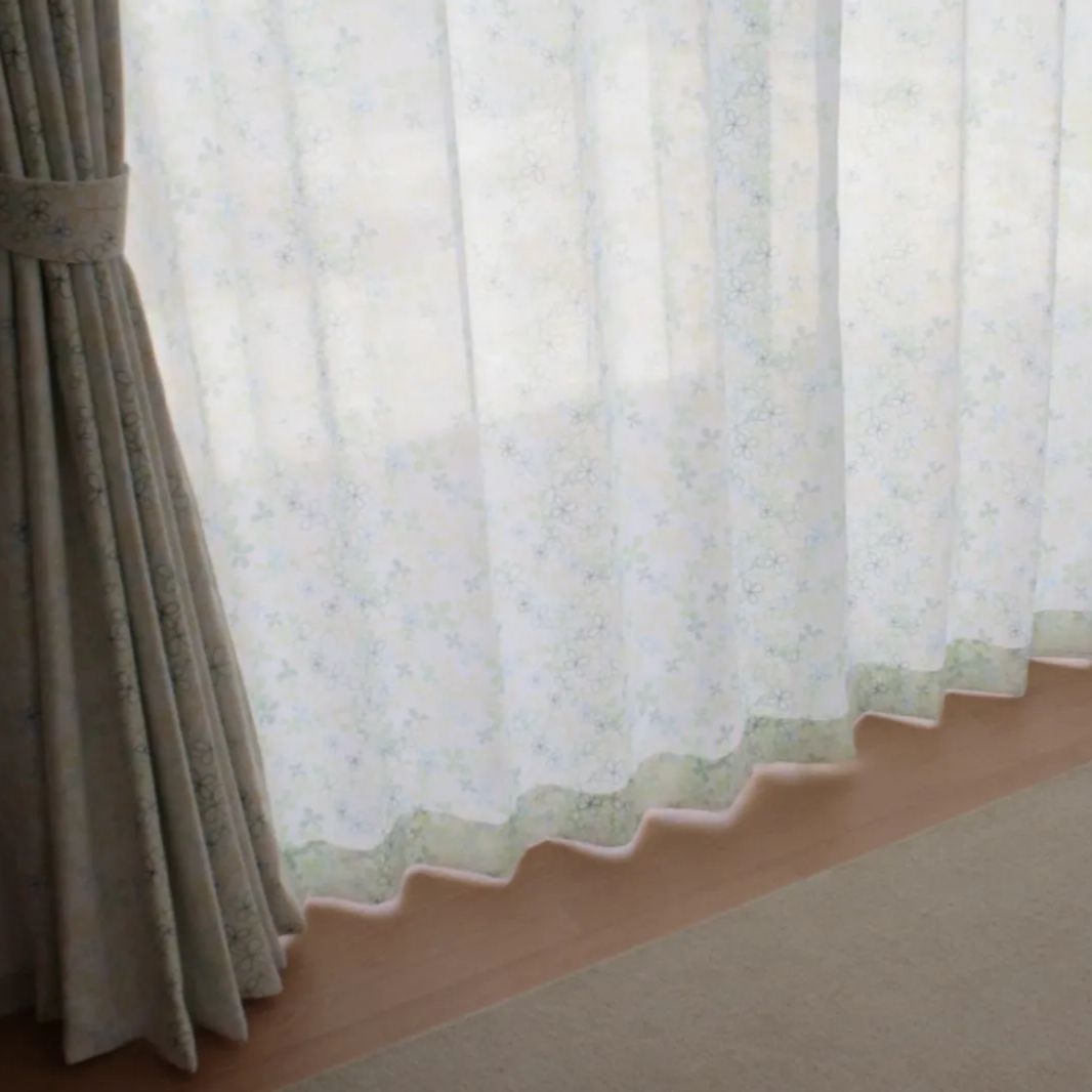 ボイルレースカーテン】花柄 グリーン 巾100cm×丈133~198cm（各2