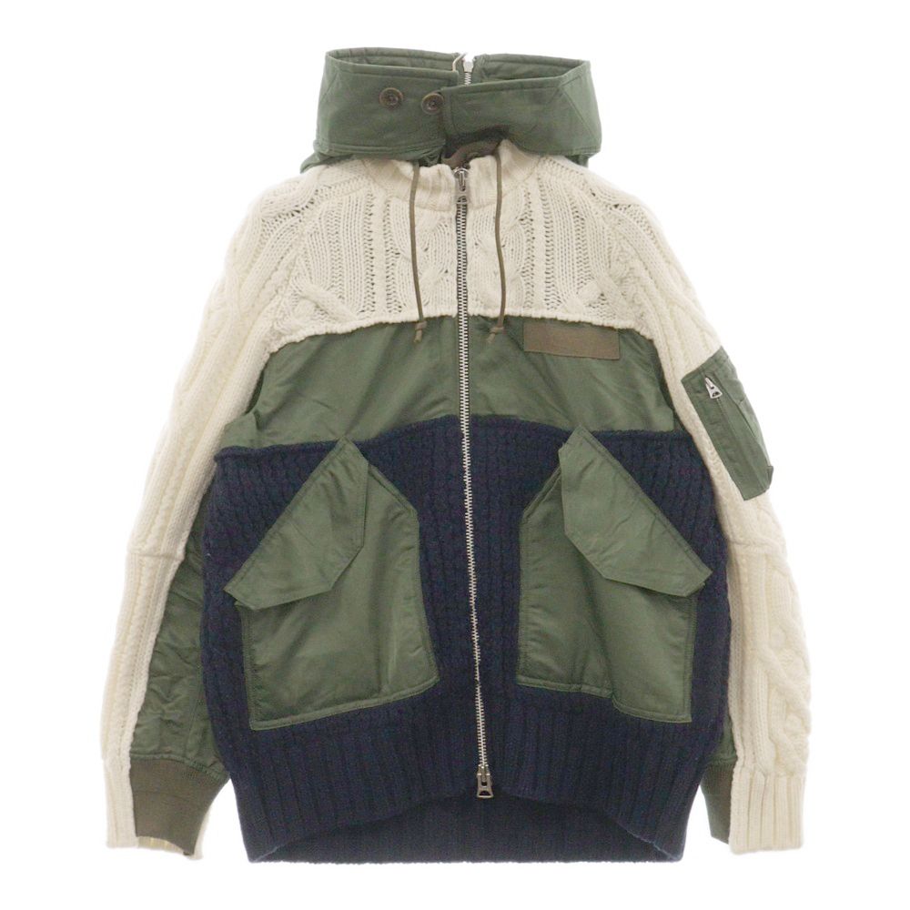 Sacai (サカイ) 19AW CABLE KNIT MA-1 JACKET ニットセーター ドッキング フーデッド ナイロン フライトジャケット  カーキ/ネイビー 19-02117M - メルカリ