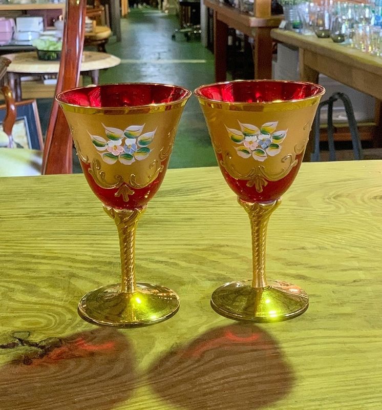 ベネチアングラス ワイングラス 2客 ペア グラス レッド 花 フラワー 
