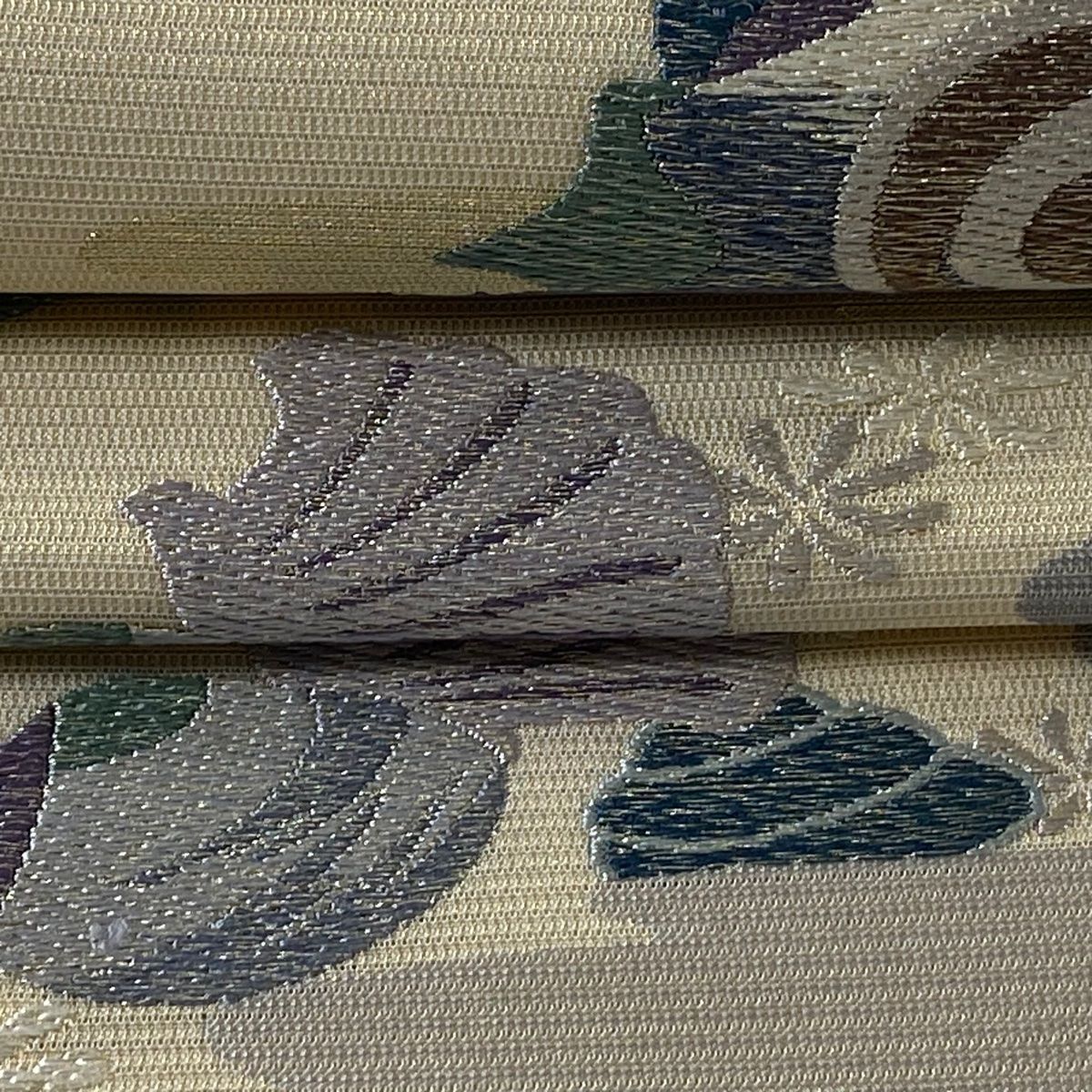 ☆504my98☆夏帯 袋帯 紗 銀糸 植物文 薄ベージュ×グレー☆美品