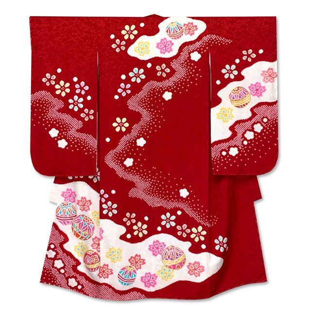 七五三 7歳 女の子 正絹 絞り染 金駒刺繍 絵羽付け 四つ身の着物 赤 鞠 IYS1014