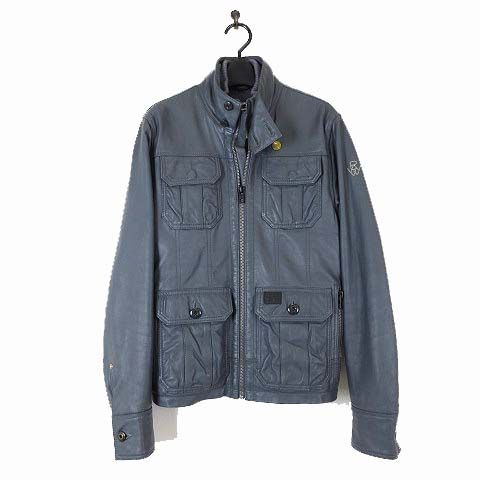 ジースターロウ G-Star RAW ライダースジャケット シングル 羊革 ラムレザー 中綿 ジップアップ ロゴ 刺繍 革ジャン S グレー