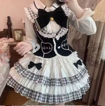 学院風韓国系 かわいらしい黒リボンで細見えするシャツベストセット チェック柄ロリータフ スカート3点セット