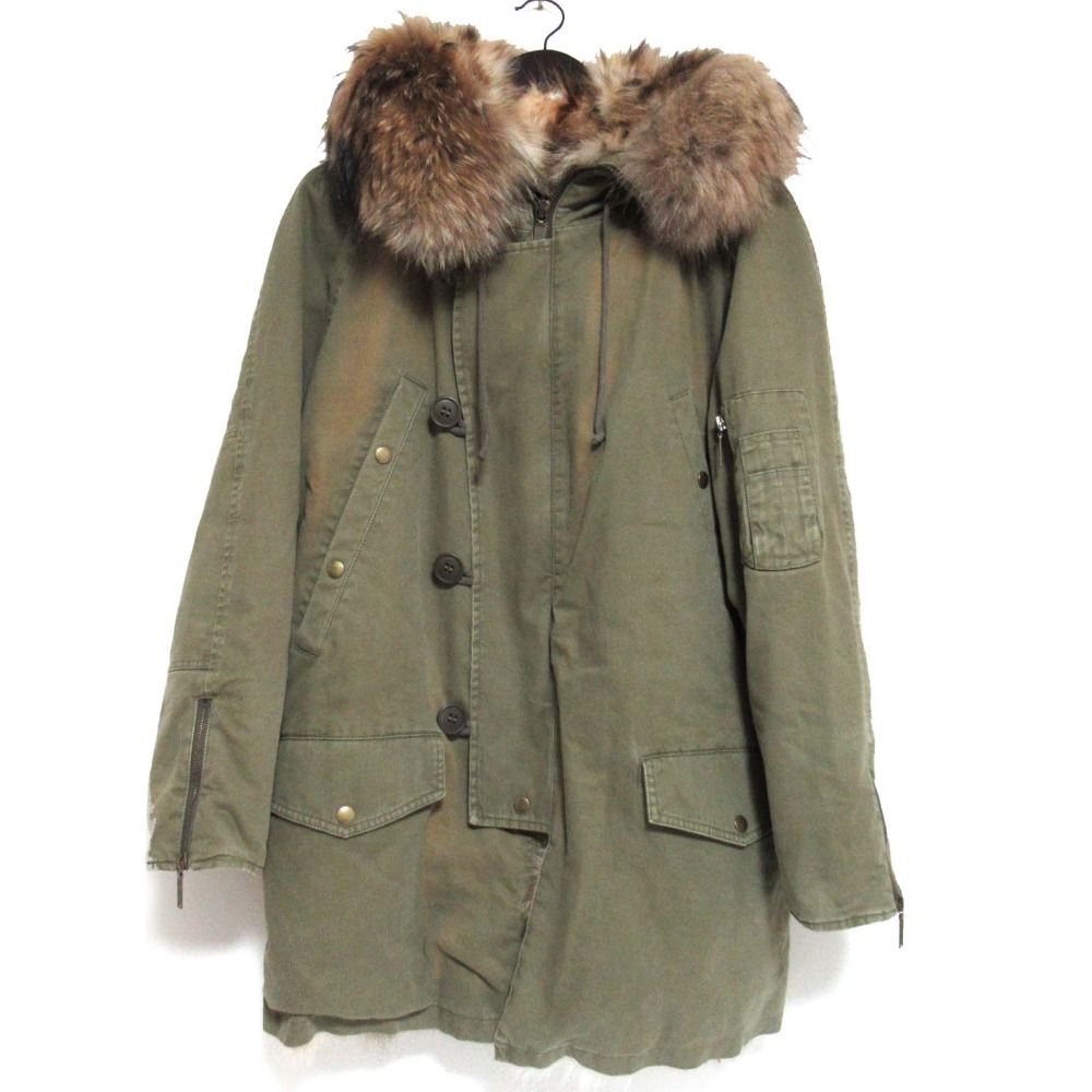 良品 SAINT LAURENT PARIS サンローランパリ レオパード柄裏地 フォックスファー フーディー モッズコート 487861 Y150R 38 カーキ メンズ 古着 中古 USED