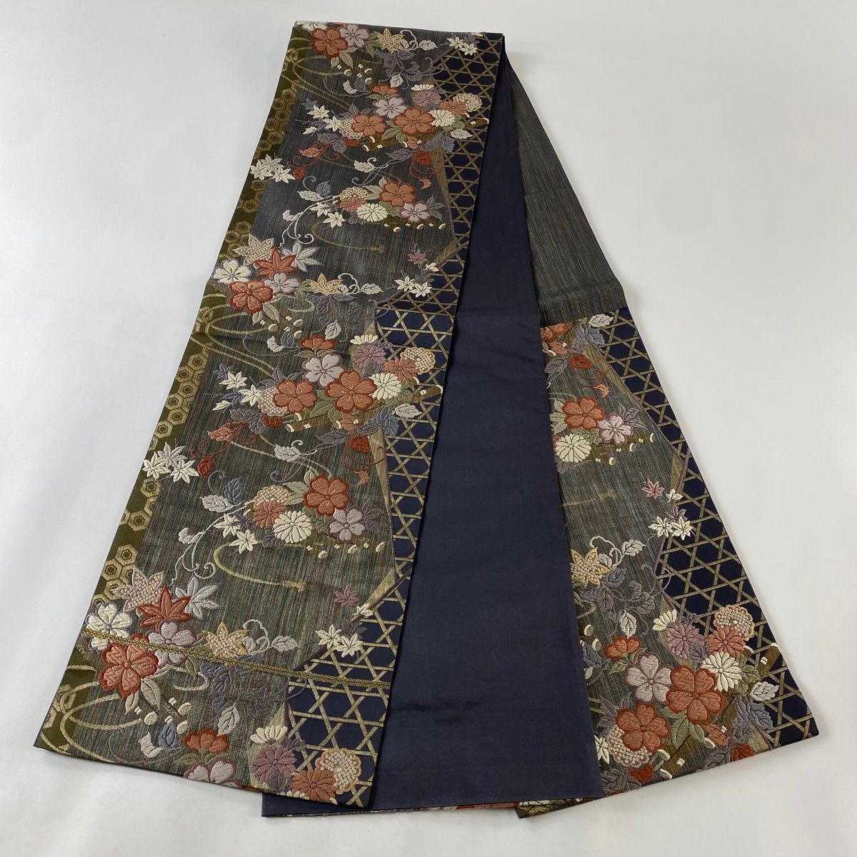 M203 夏帯　ブルー　花模様　流水　六通　正絹　袋帯　美品 M203 夏帯 ブルー 花模様 流水 六通 正絹 袋帯 美品