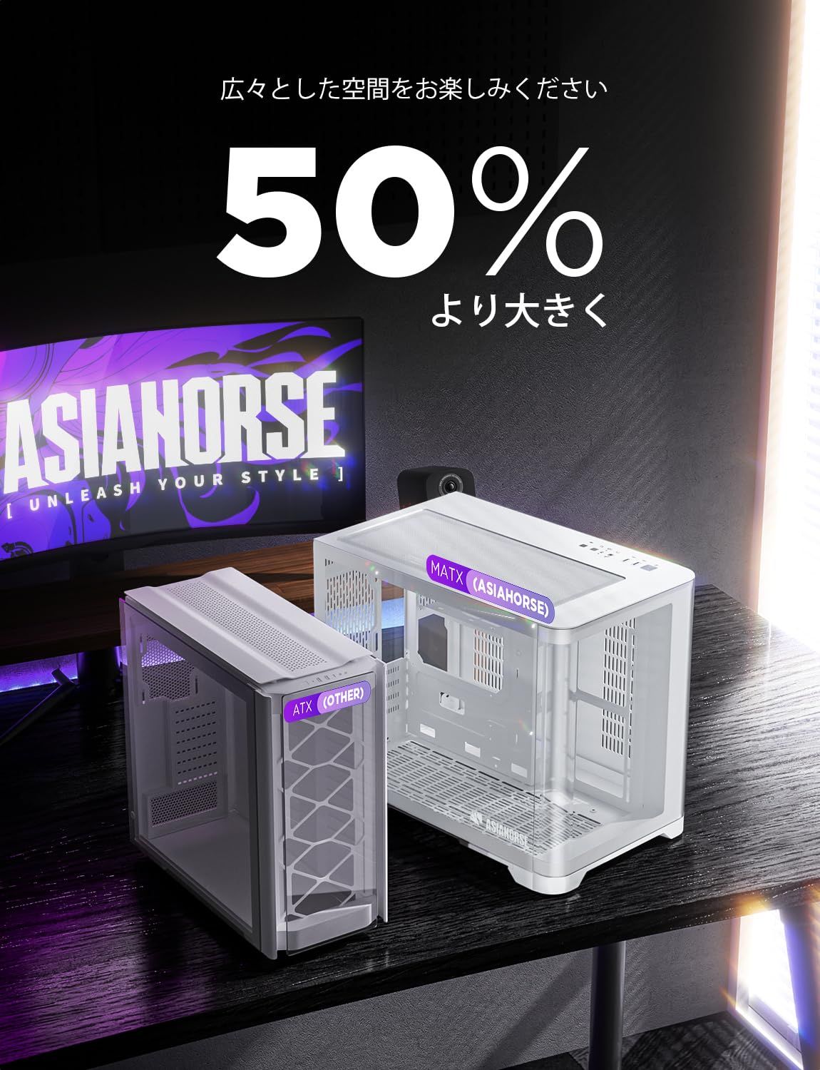 AsiaHorse Micro ATX PCケース ミドルタワー デュアルチャンバー 180° フルビュー 強化ガラス ゲーミング PC ケース USB 3.0 ポート 360mm ラジエーター サポート RTX 40 対応 高エアフロー フルタワー Micr
