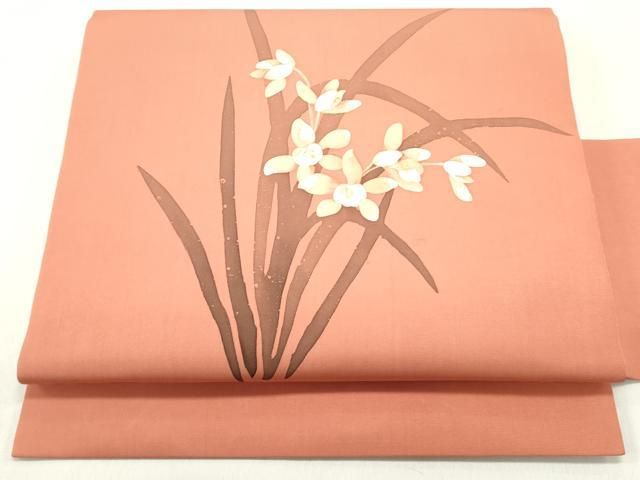 平和屋着物●塩瀬 九寸名古屋帯 ろうけつ染め 草花文 赤丹色 金彩 正絹 DAAY0186ob