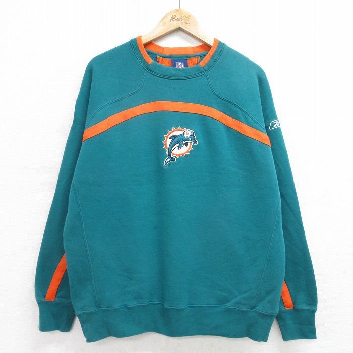 XL/古着 リーボック 長袖 スウェット メンズ 00s NFL マイアミドルフィンズ 刺繍 クルーネック 青緑 アメフト スーパーボウル 24aug27 中古