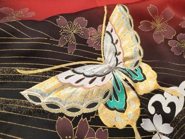 平和屋着物○豪華振袖 総絞り 舞蝶文 黒地 金銀彩 正絹 逸品  