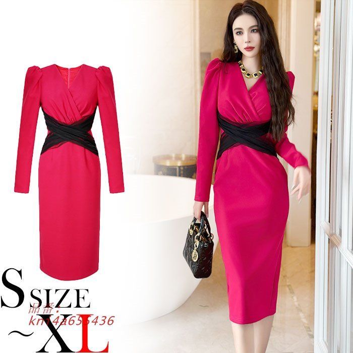 ハイウエストチュール カシュクールVネック 膝丈タイト長袖ワンピース 赤ピンク キャバ スナック 韓国 ラウンジ 服 パーティー kni4a655436