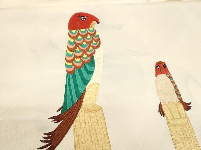 平和屋着物●西陣　九寸名古屋帯　総刺繍　尾長鶏　証紙付き　正絹　逸品　CAAX9598yk 平和屋着物○西陣 九寸名古屋帯 総刺繍 尾長鶏 証紙付き 正絹 逸品