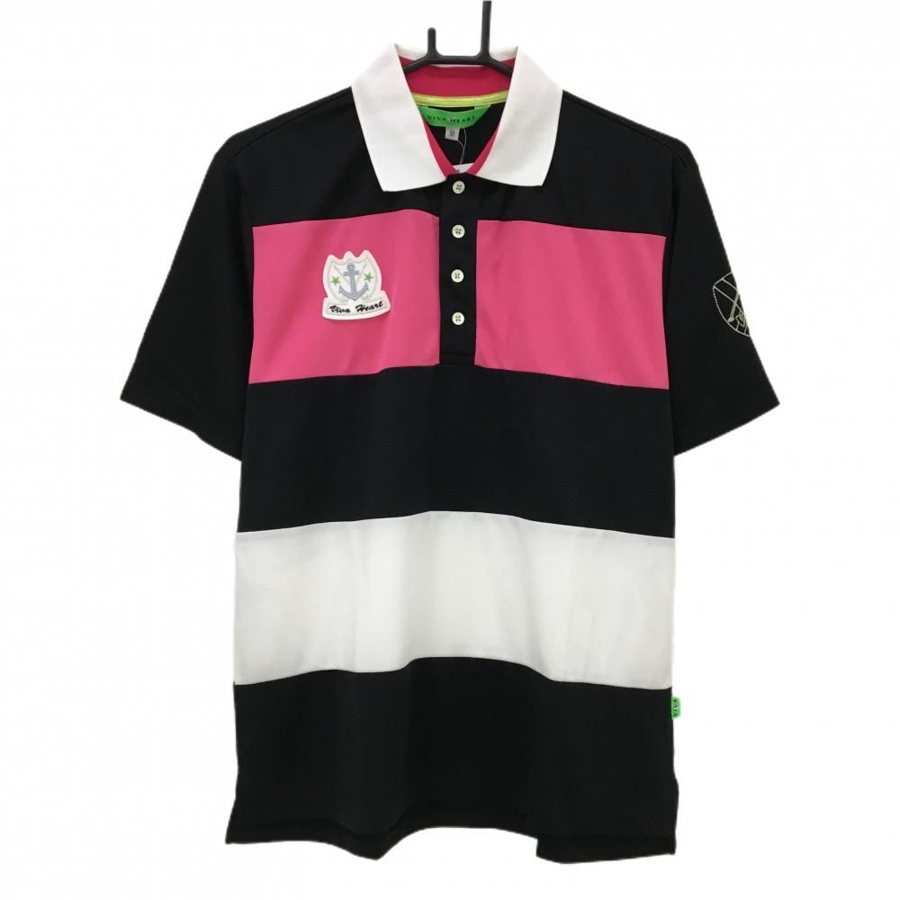 【新品】ビバハート 半袖ポロシャツ ピンク×黒×白 ボーダー メンズ 50(L) ゴルフウェア VIVA HEART