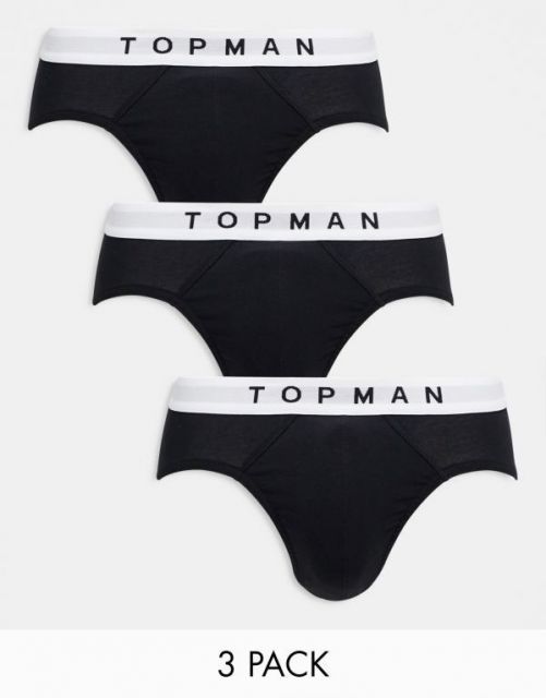 送料無料 トップマン メンズ ブリーフパンツ アンダーウェア Topman 3 pack briefs in black with white waistbands Multi