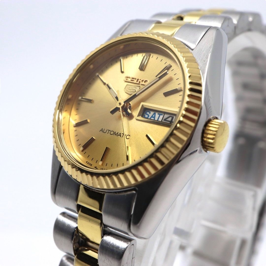 ♥級| |稼働品 セイコー SEIKO 5 レディース腕時計 4206-0510 自動巻き オートマチック デイデイト ゴールド文字盤 コンビブレス フルテッドベゼル アナログ クラシック ビンテージ エレガント クリーニング済 G2