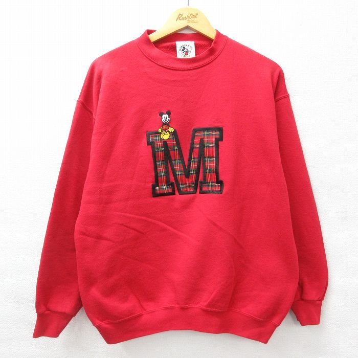 L/古着 長袖 スウェット メンズ 90s ディズニー ミッキー クルーネック 赤 レッド 24sep10 中古 スエット トレーナー トップス