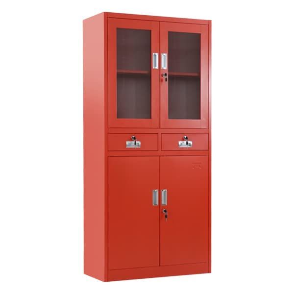 赤いスチール製ガラス扉キャビネット
