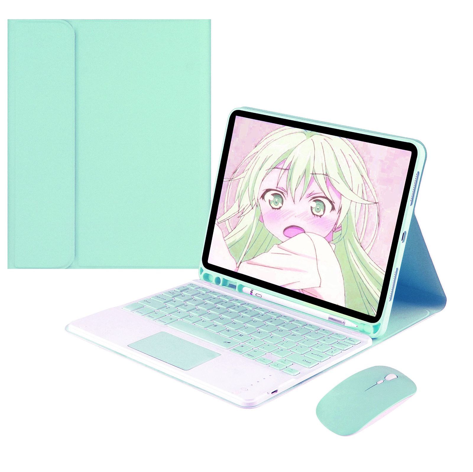 iPad 10.2（iPad9/iPad8/iPad7）_緑（マウスは付属） 人気 2021新型 iPad 10.2キーボードケース iPad7 iPad 8 iPad 9 キーボード ケース 第7世代 8世代 9世代 ペンシルホルダー付き 脱着式 Bluet