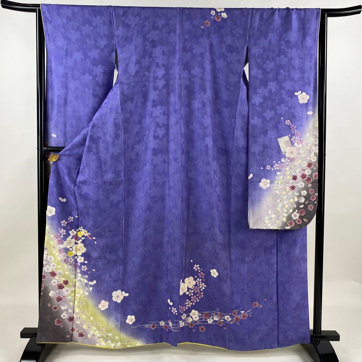 振袖 身丈161cm 裄丈65cm M 袷 梅 桜 箔 刺繍 青紫 正絹 名品
