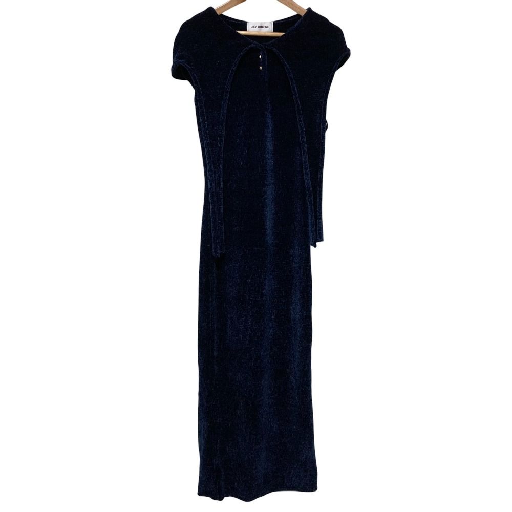 ♥ 25SS LILY BROWN リリーブラウン ボウタイニットフーディーワンピース サイズF ネイビー レディース 古着