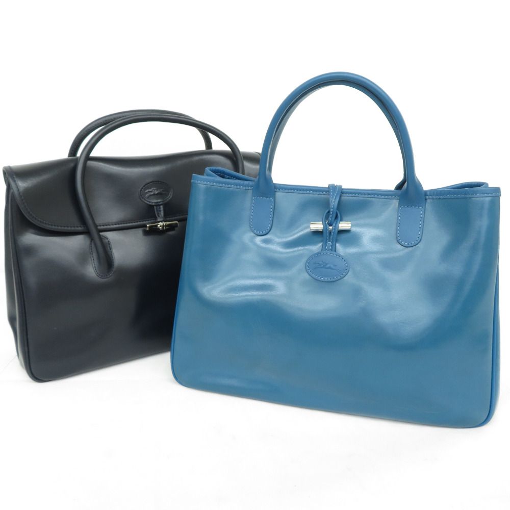 LONGCHAMP レザー ビジネスバッグ ブラック/ブルー Longchamp ロンシャン トートバッグ ビジネスバック レザー 革