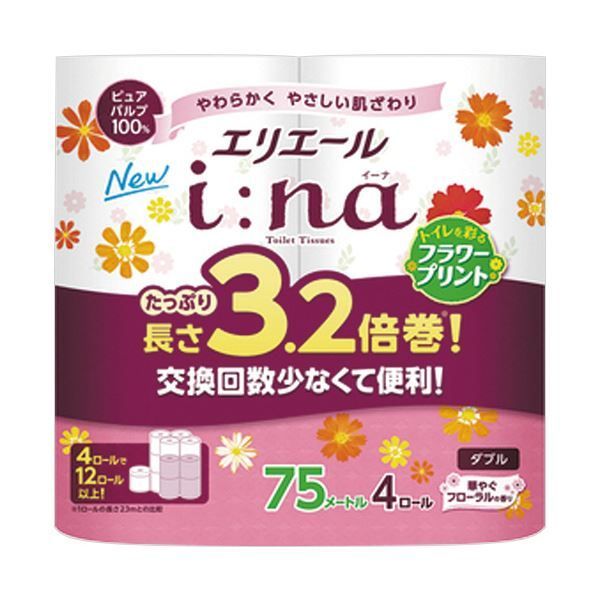(まとめ）大王製紙 エリエールi：na（イーナ）トイレットティシュー 3.2倍巻 フラワープリント ダブル 芯あり 75m 1パック（4ロール）【&times;5セット】