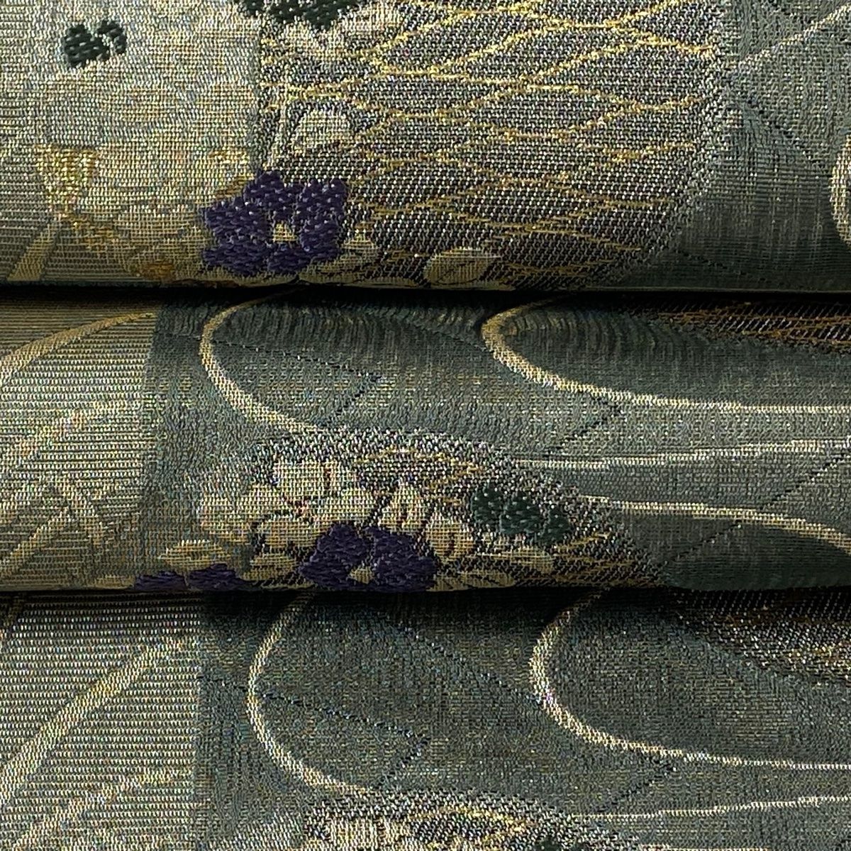 袋帯 美品 逸品 千地泰弘 夏帯 市松模様 丸文 金銀糸 箔 灰緑 六