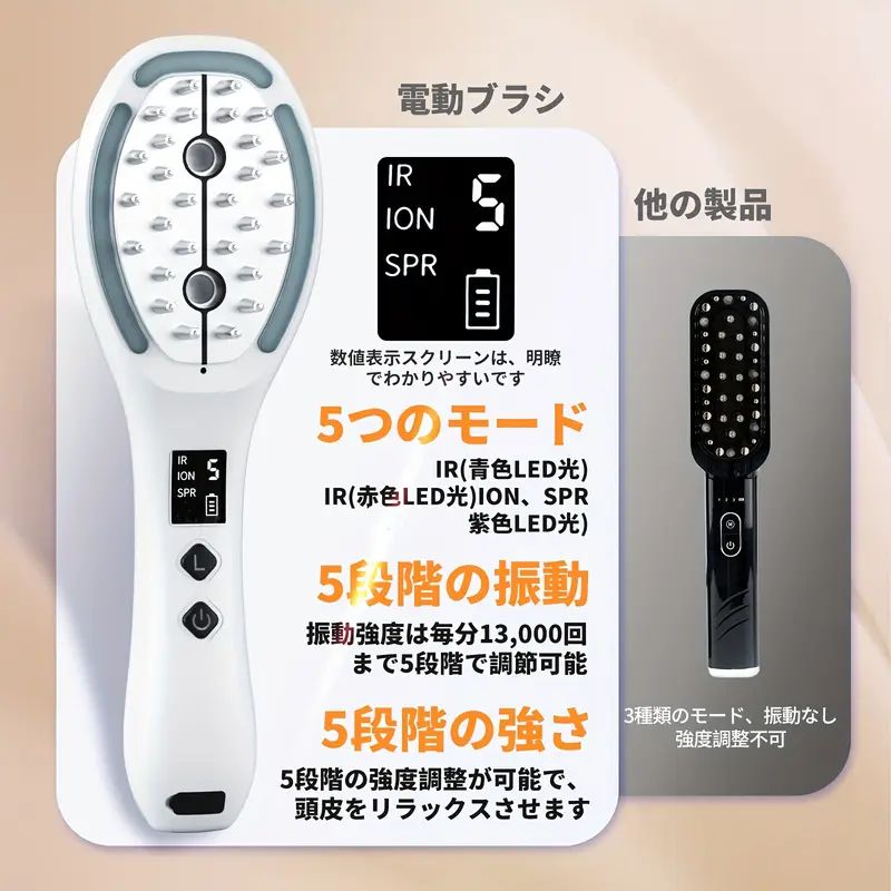 電動スカルプブラシ、スカルプケアエキスパートサトスーパーバイジョン付き、ブルー/レッド/パープルLEDライト美容機器付きスカルプブラシ、5モード、5段階の強度調整、5段階の振動、取