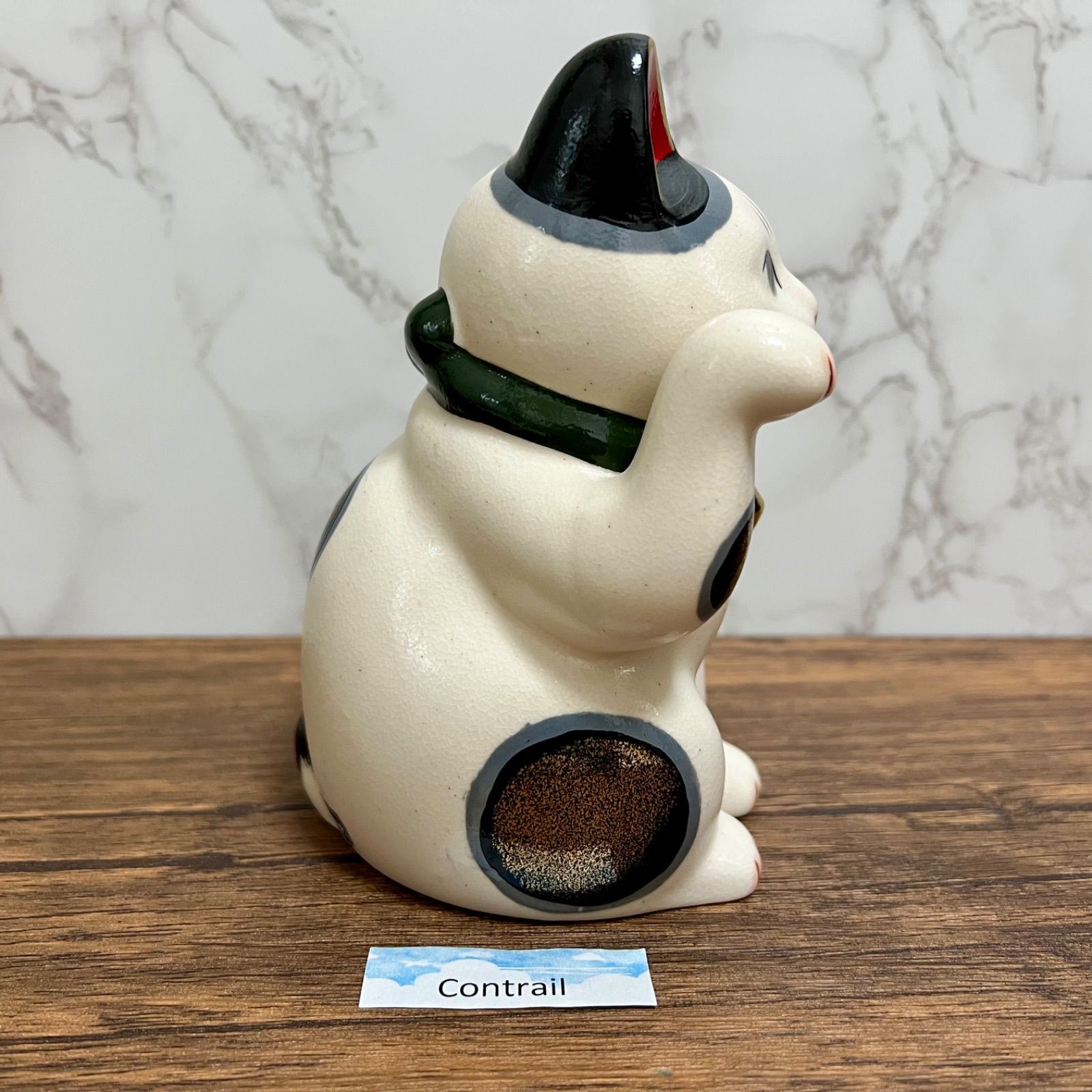 薬師窯 菊花 招き猫 (右手上げ・緑・大) 右手 金運招福 縁起物