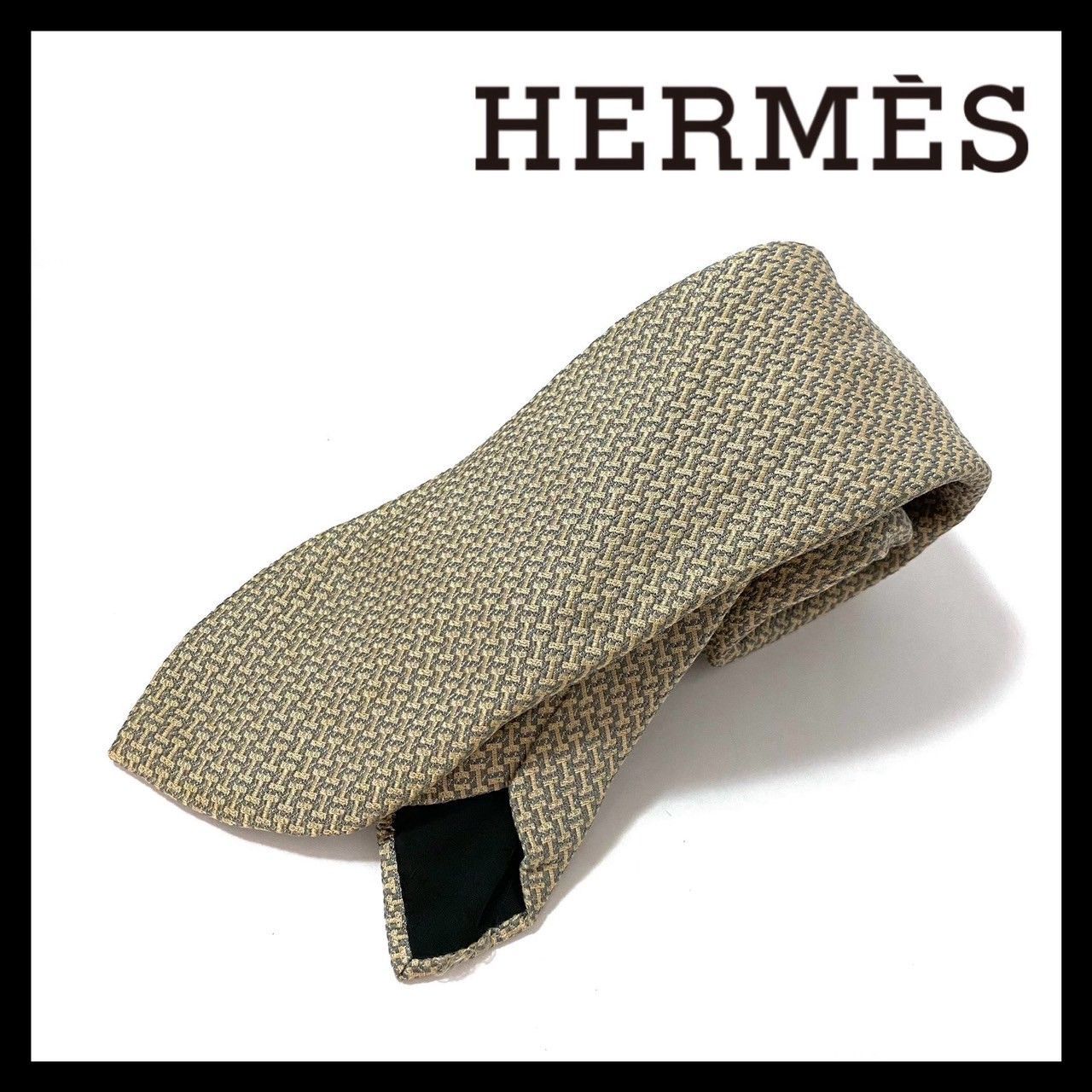 SJ3【HERMES】ネクタイ SILK/シルク 100% 総柄 イエロー/黄色