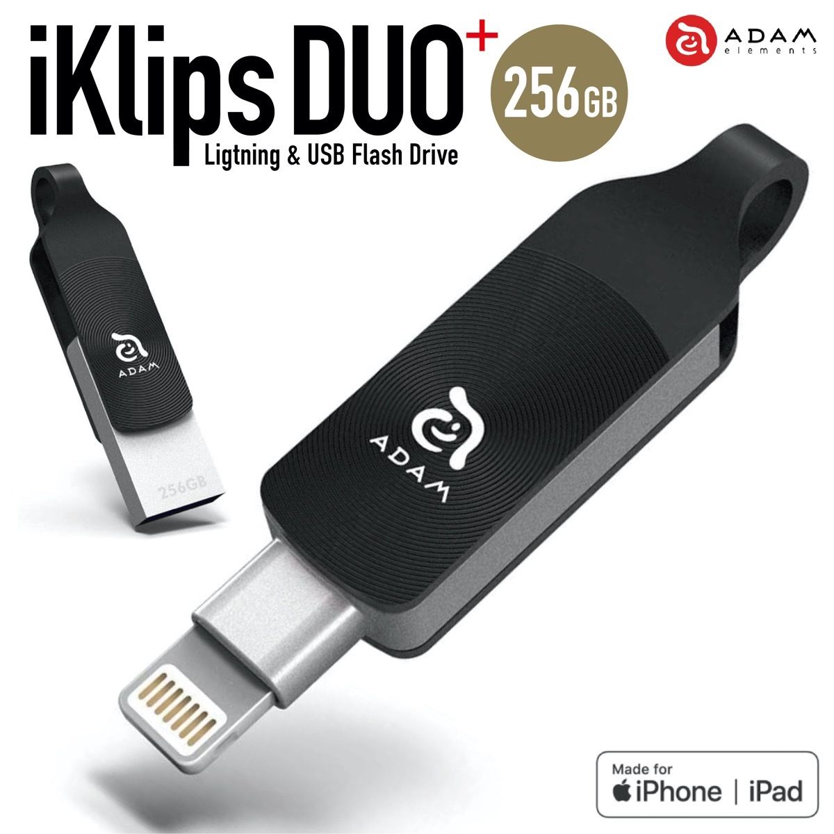 ADAM elements iKlips DUO+ 256GB ブラックLightning USBメモリ USB3.1 iPhone iPad アイクリプス デュオ アダムエレメンツ ADRAD256GKLDPRXJ(3C)iKlipsDUO+256GB