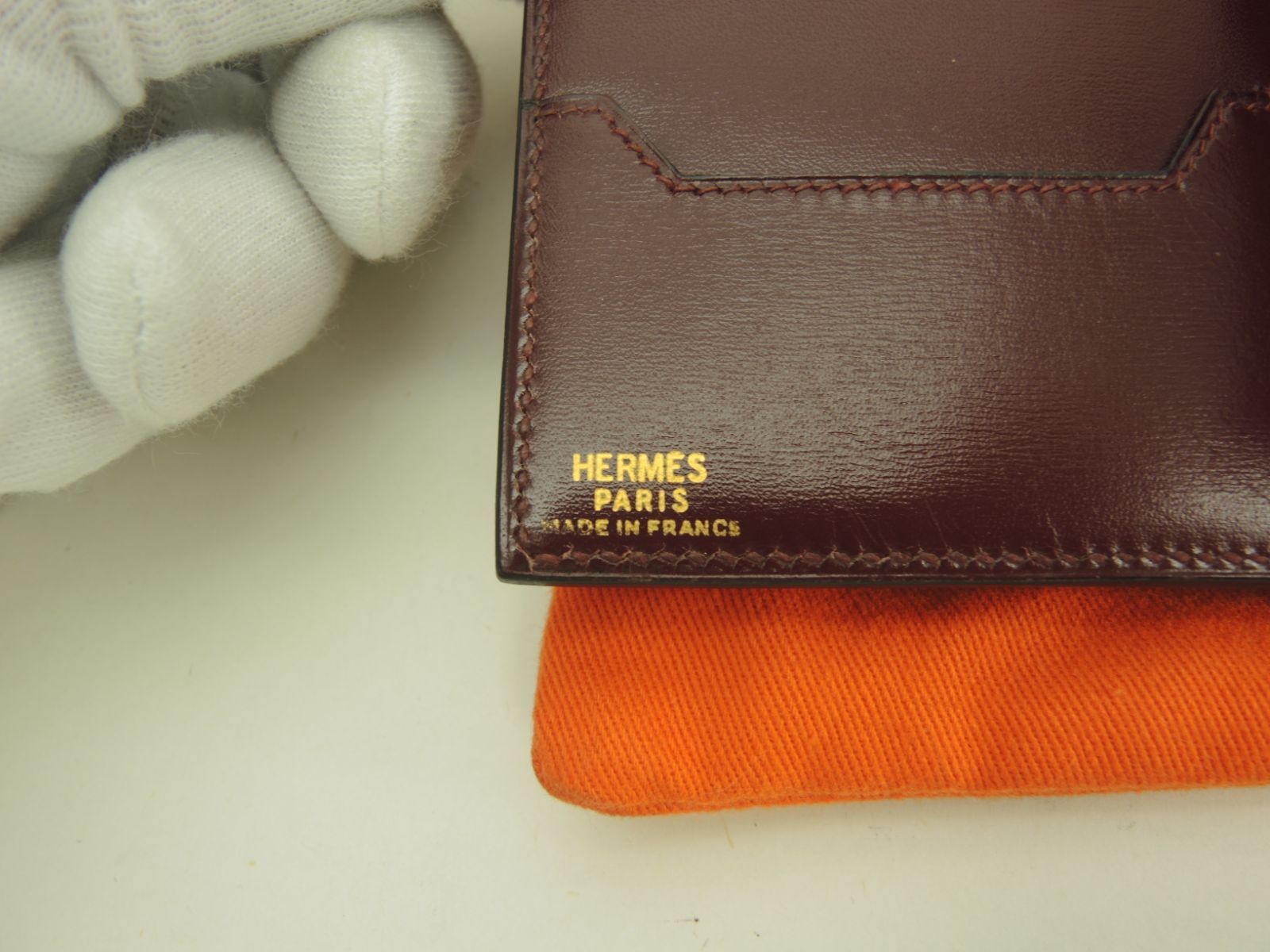 ヴィンテージ エルメス ボルドーカラー ボックスカーフ 三つ折り財布 フランス ヴィンテージ エルメス ボルドーカラー ボックスカーフ 三つ折り