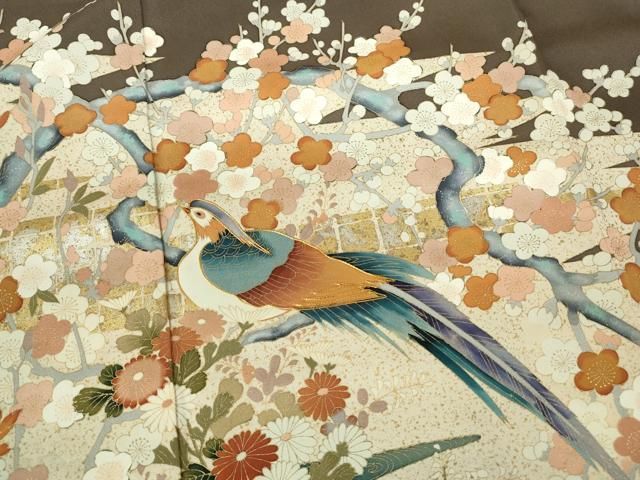 花柳流 紋付き 正絹着物 平和屋着物□豪華色留袖 駒刺繍 花鳥枝梅文 金銀彩 正絹 逸品