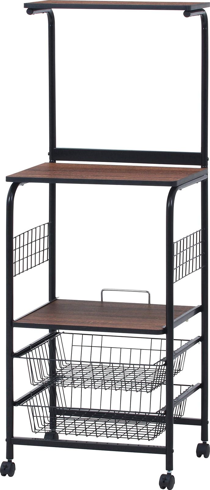 迅速発送 不二貿易 レンジ台 キッチンラック 幅51.5×奥行41×高さ140.5cm ブラック ブラウン スライド棚 収納 レンジワゴン キャスター付き 14637