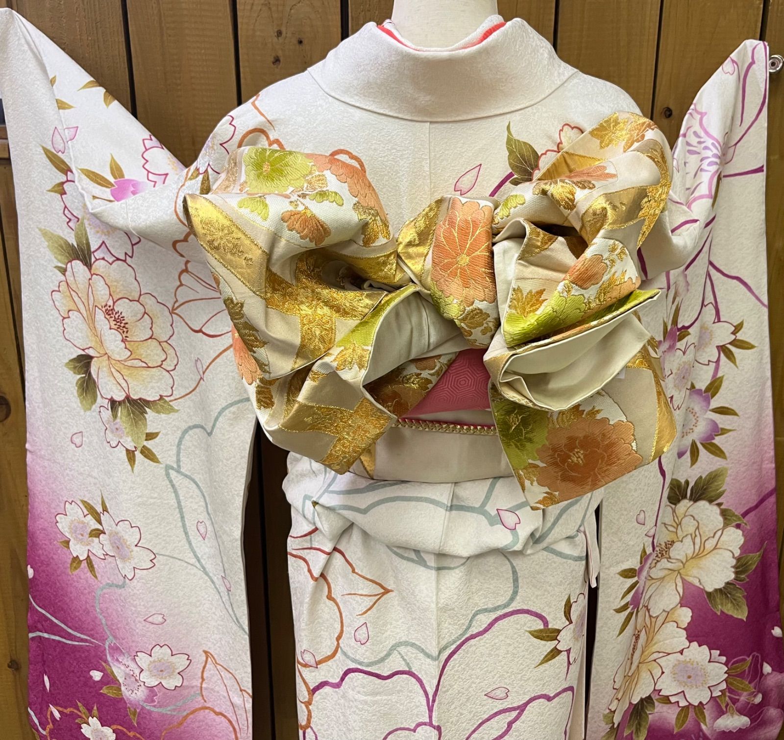 k31☆白×花振袖☆豪華絢爛身丈160cm正絹袷広襟(未使用)+正絹袋帯セット