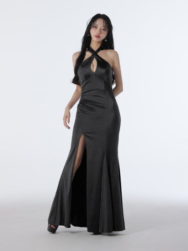 ブラック GL3948-BL-2508 Lサイズあり Glossy|グロッシー クロスホルター| ストレッチサテン| マーメイド| ロングドレス| キャバドレス