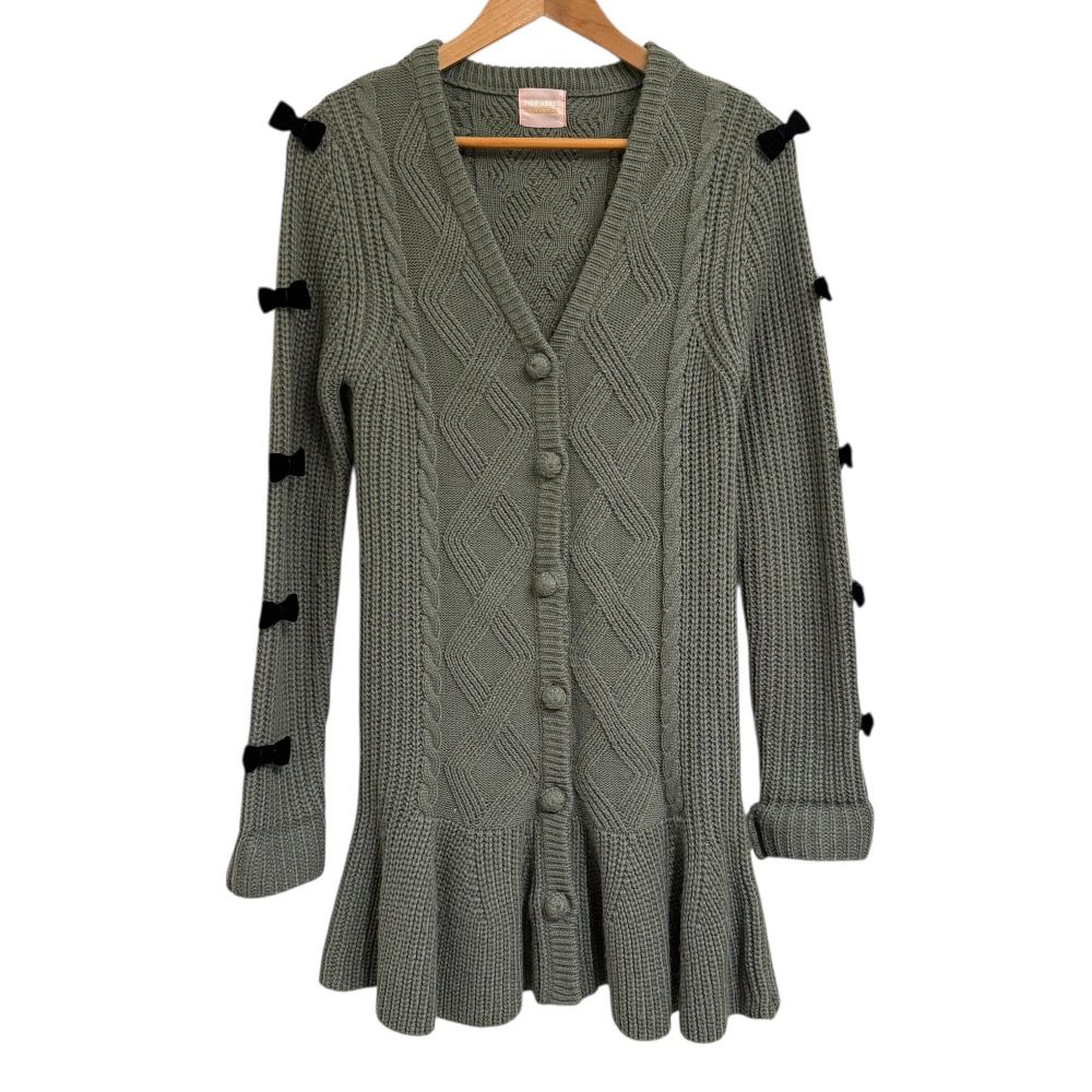 PINK HOUSE CHELSEA ピンクハウスチェルシー リボン装飾 ケーブルニット カーディガン グレー系 レディース 古着