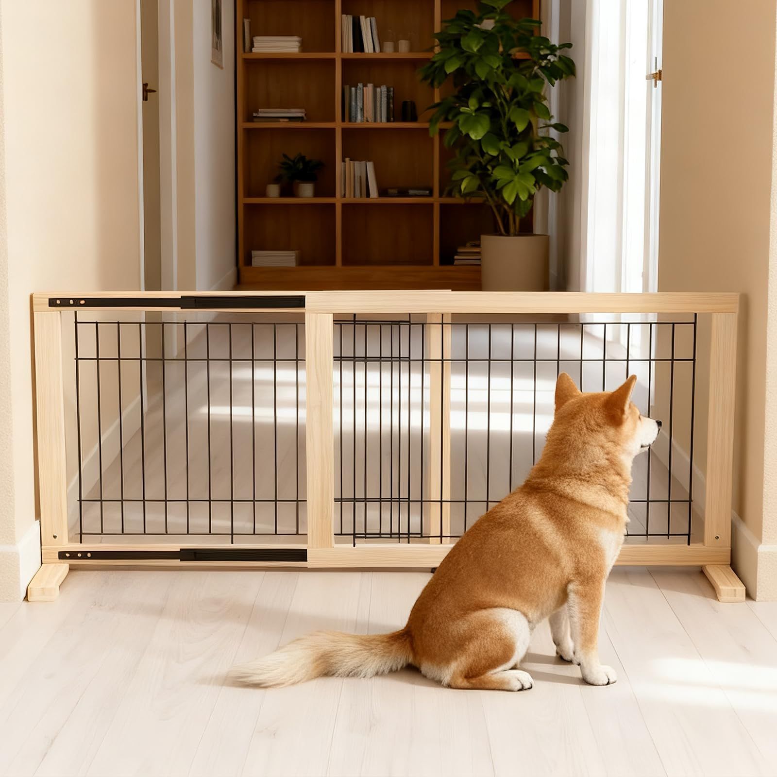 木製 ベットフェンス 伸縮幅約85～155cm 置くだけ柵 高さ50CM 室内 柵 飛び出し防止柵 脱走防止 犬 中小型犬用 ペットゲート スムーズ Oapety ガイドレール付き