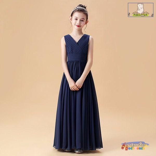 【上品で大人気♪】ピアノ発表会 ドレス 中学生 ワンピース ジュニアドレス 子供ドレス シンプル ネイビー ロング丈 グリーン シフォン お姫様 着やせ 上品 エ 毎日使い