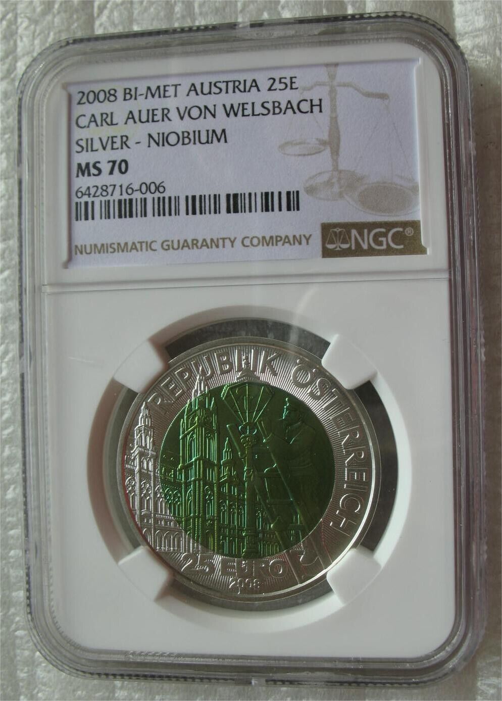 Atria 25 Euro 2008 Silver Niobium Bi-Metallic Carl Welsbach NGC MS70