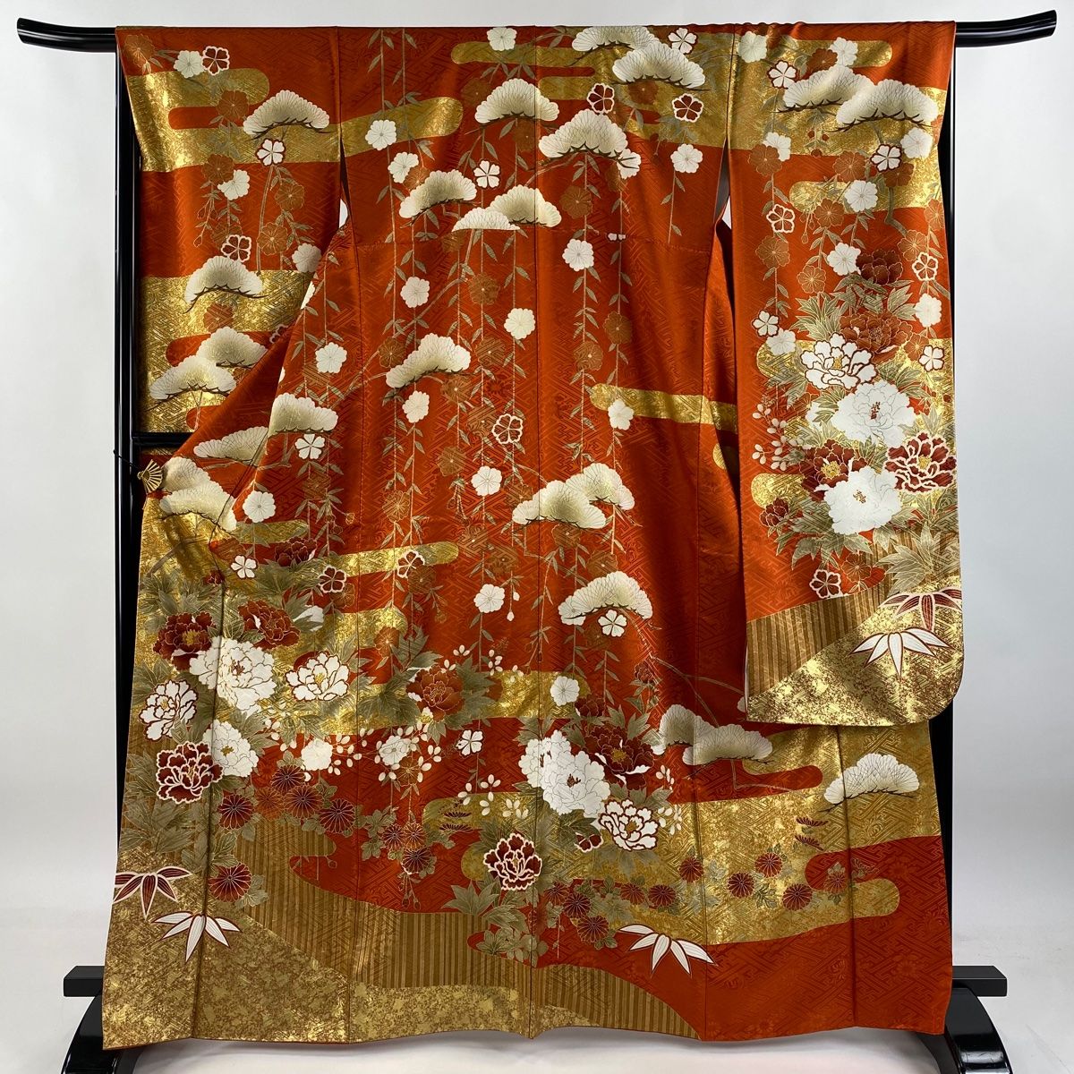美品 振袖フルセット 牡丹 身丈160 刺繍衿付 ブルー 花畑 手描 草花 正絹 振袖 身丈166.5cm 裄丈67cm M 袷 袋帯フルセット 牡丹 枝垂れ桜