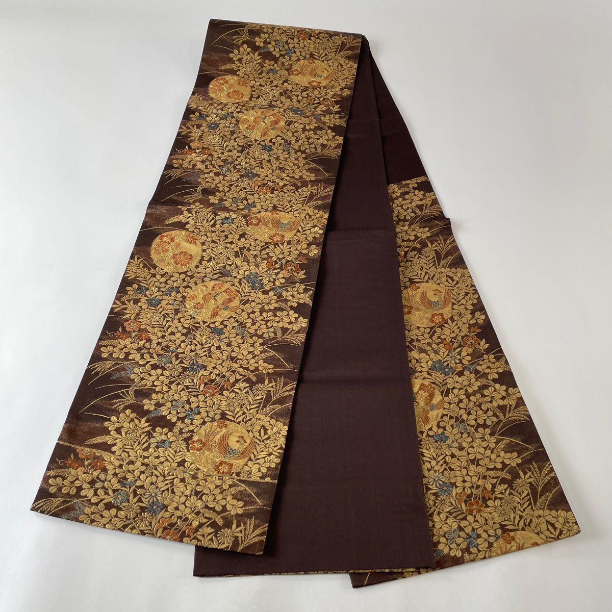 袋帯 美品 秀品 萩 鳥 金糸 箔 焦茶色 六通 正絹 【中古