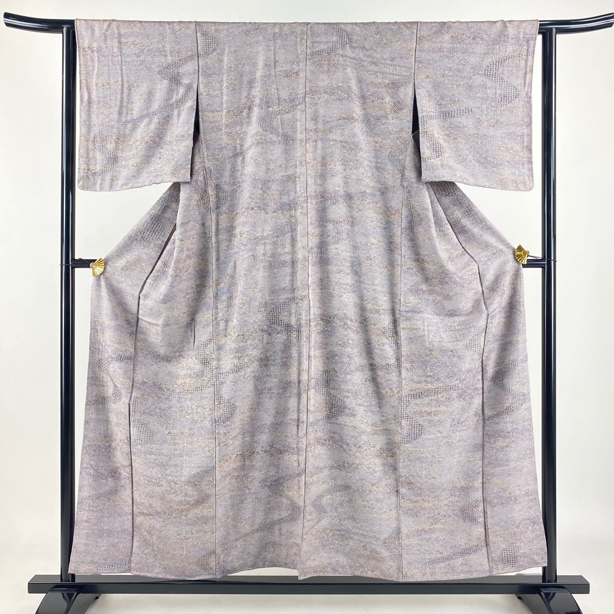 小紋 身丈156cm 裄丈61cm S 袷 華文 流水 刺繍 灰紫 正絹