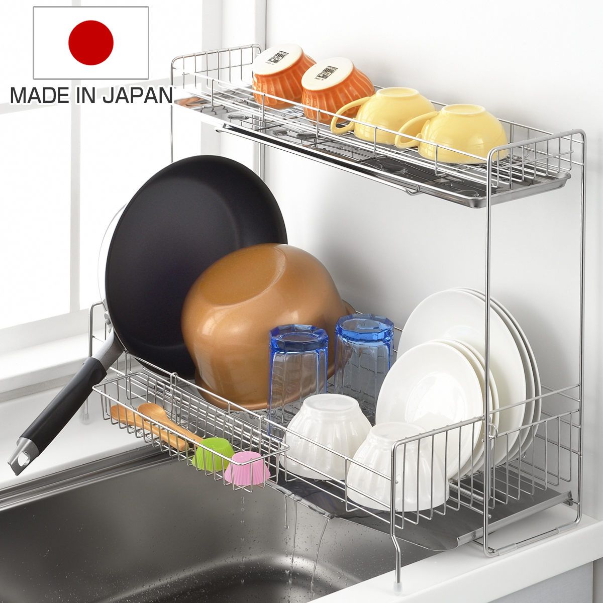 水切りラック シンクサイド 幅の広がる2段水切り 幅15cm×奥行57cm ステンレス カトラリーポケット付き シンク上 スリム 2段 伸縮 水切りかご 水切り 大容量 水切りカゴ ステンレス水切り 水切りバスケット 水が流れる