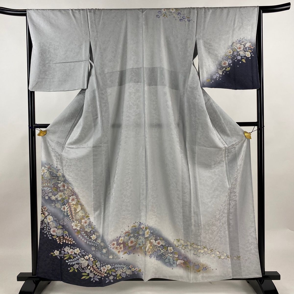 訪問着 身丈160cm 裄丈66.5cm M 単衣 辻が花柄 七宝 銀通し ぼかし 灰色 正絹 名品