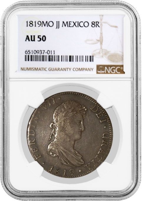 1819 MO JJ Mexico City 8 Reales Silver Ferdinand VII NGC AU50 About Uncirculated