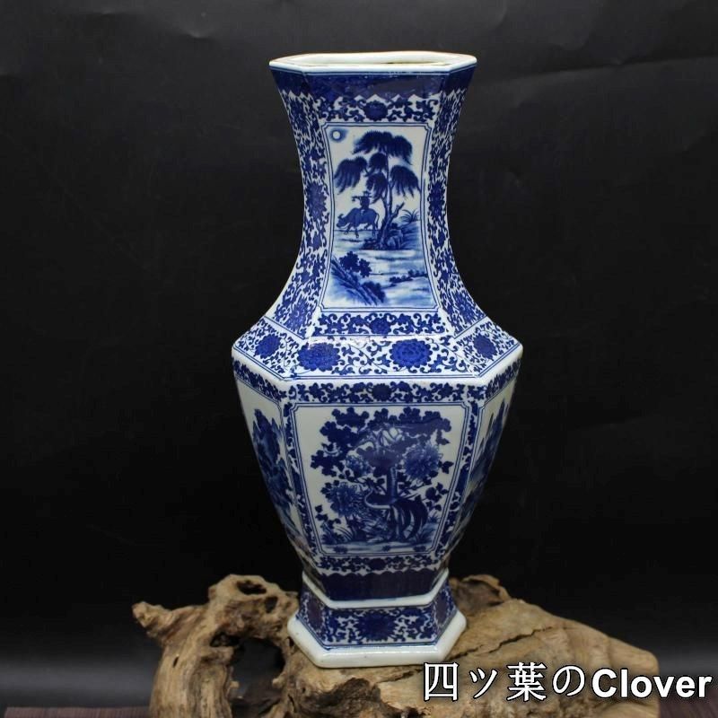 清乾隆青花人物花鳥六方賞瓶 景徳鎮 陶磁器 装飾品 現代工芸品 美術品