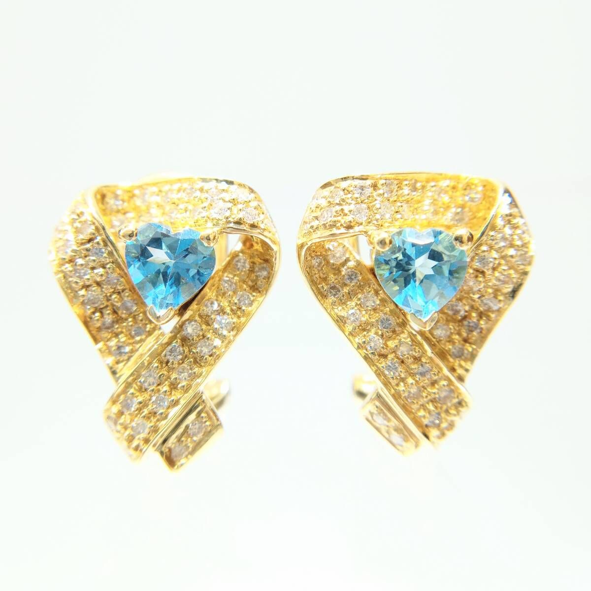 鑑別書付き 天然ブルートパーズ 各0.60ct 天然ダイヤモンド 各0.22ct K18 ピアス兼イヤリング 8.7g ハート メレダイヤ リボン コスチューム