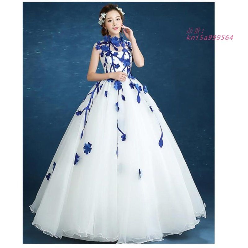 立ち襟 カラードレス パーディードレス ロングドレス オフショルダー 二次会 花嫁 Aラインワンピ 披露宴 ブライダルドレス結婚式 演奏会 kni5a999564