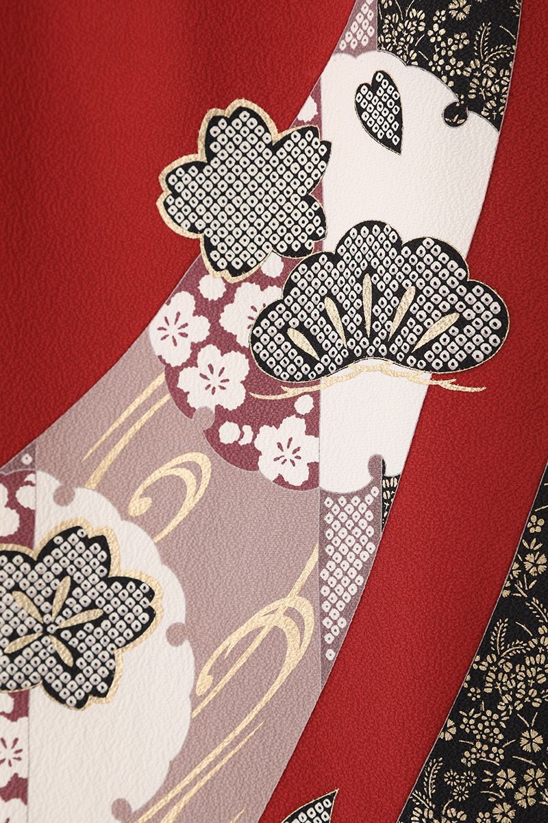 エンジ色 桜 正絹 中振袖 ブラウン 正絹 袋帯 ２点セット (MS962)